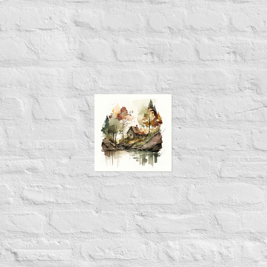 Lake Cabin Watercolor Premium Print