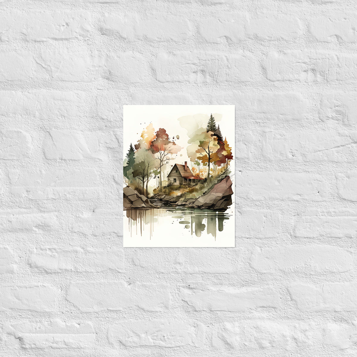 Lake Cabin Watercolor Premium Print