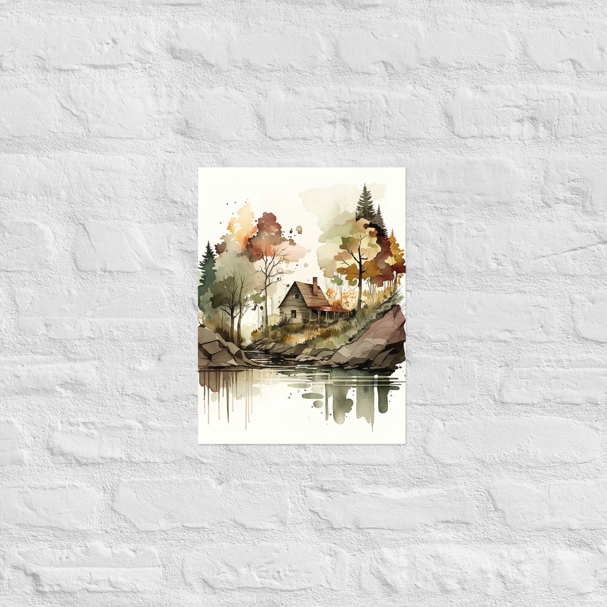 Lake Cabin Watercolor Premium Print
