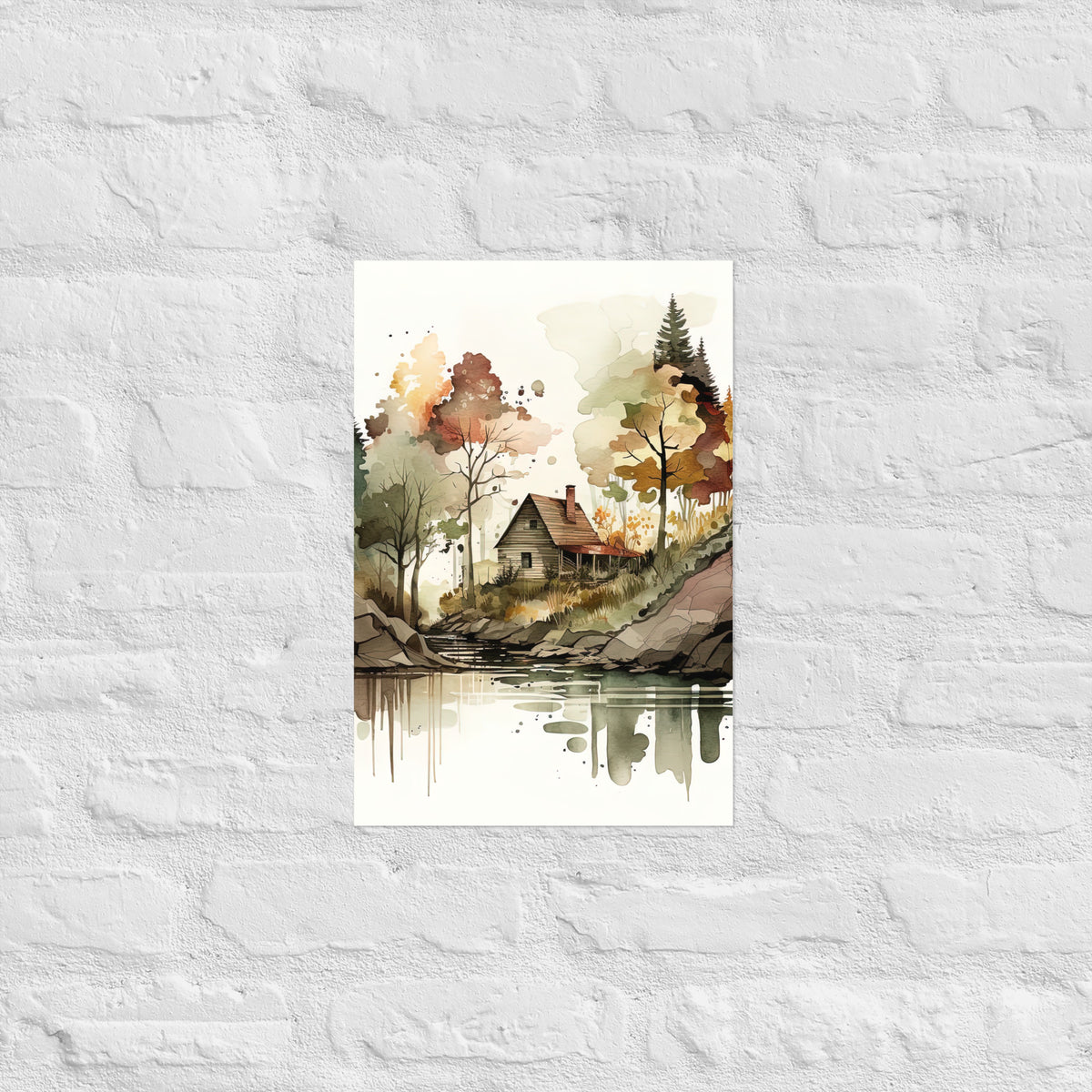 Lake Cabin Watercolor Premium Print