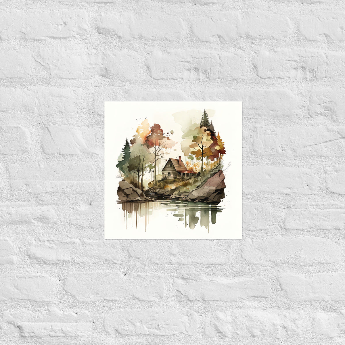 Lake Cabin Watercolor Premium Print
