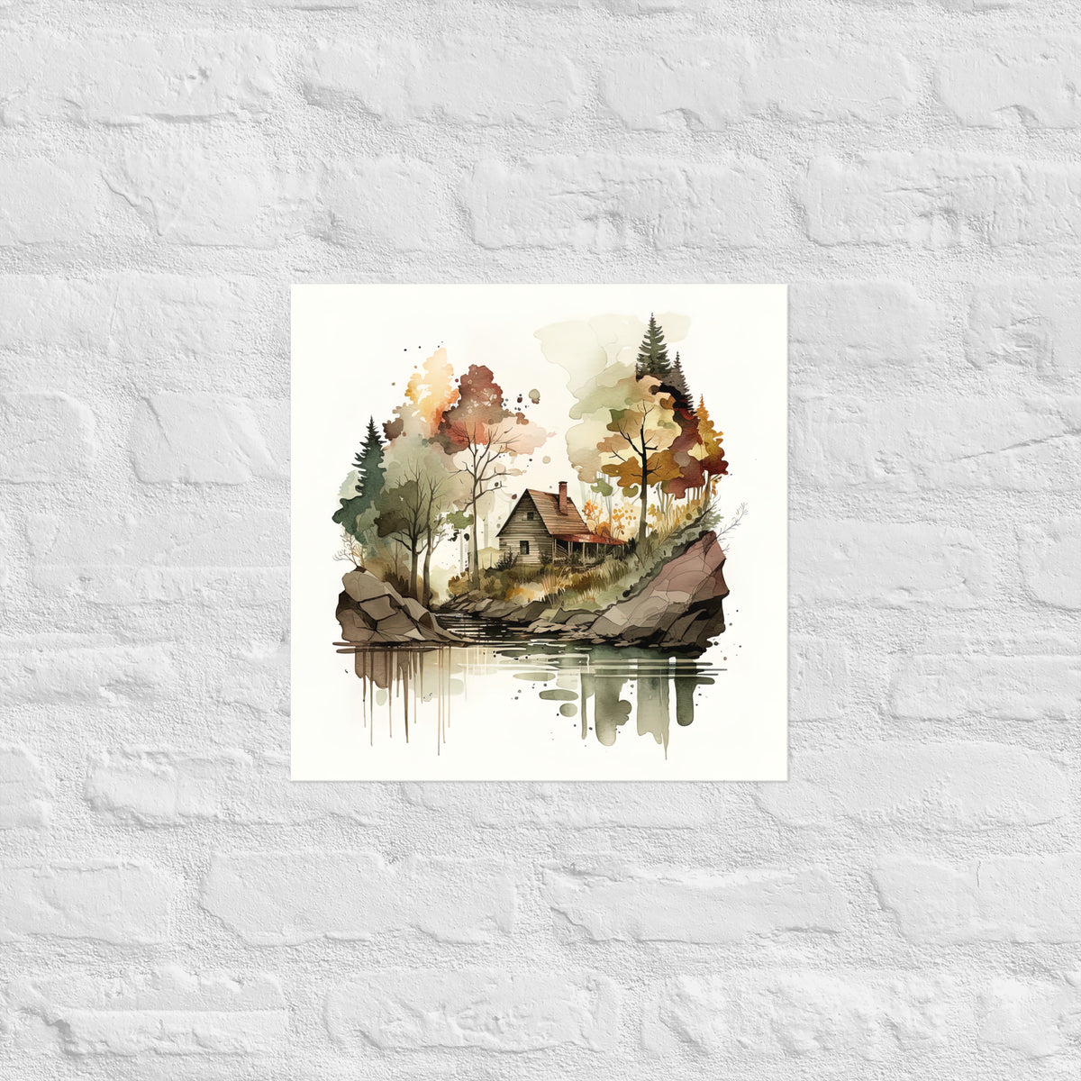 Lake Cabin Watercolor Premium Print