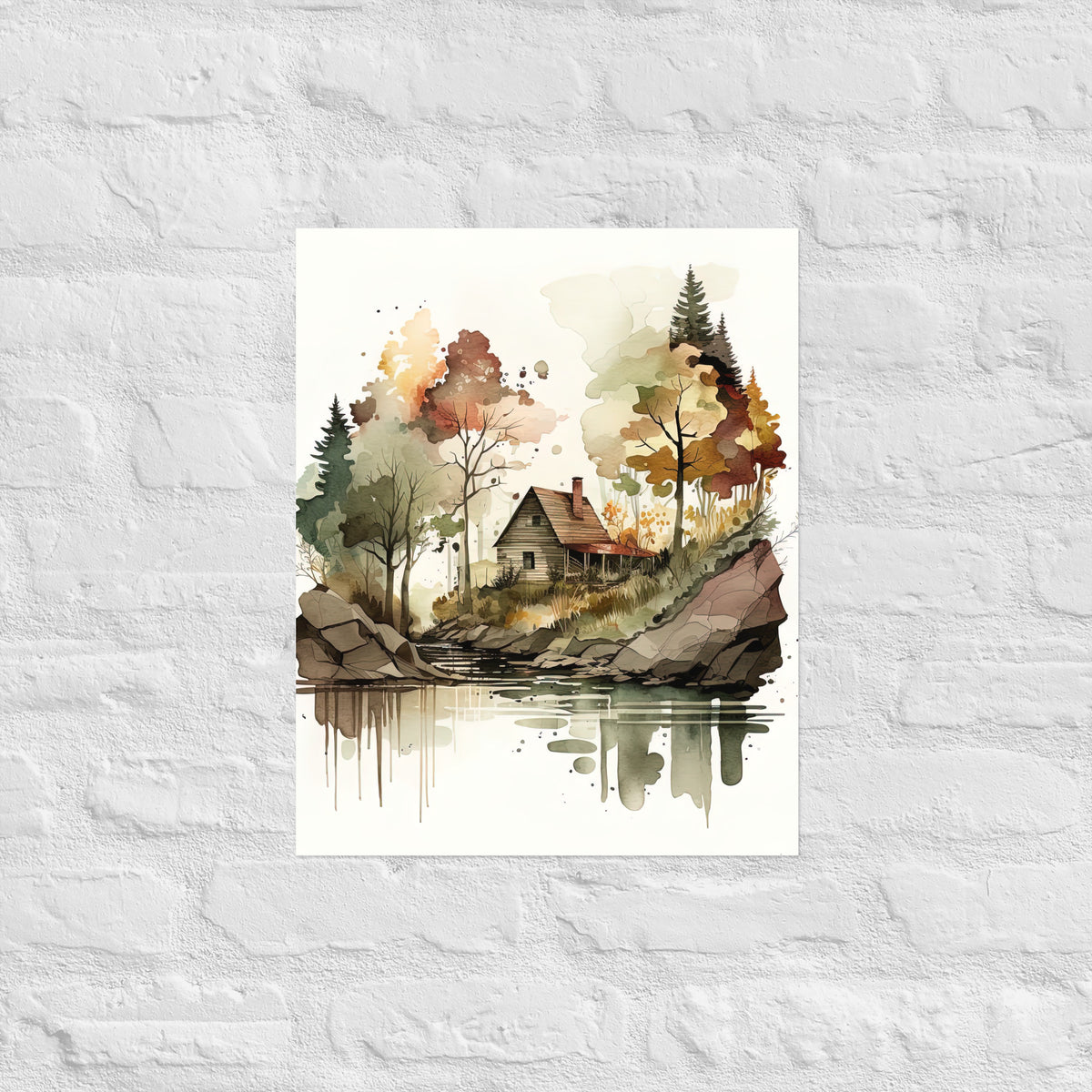 Lake Cabin Watercolor Premium Print