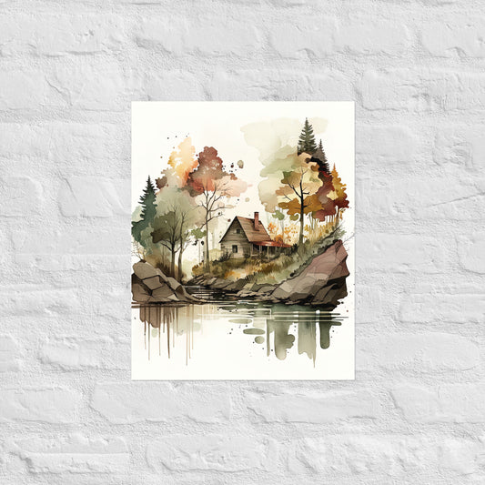 Lake Cabin Watercolor Premium Print