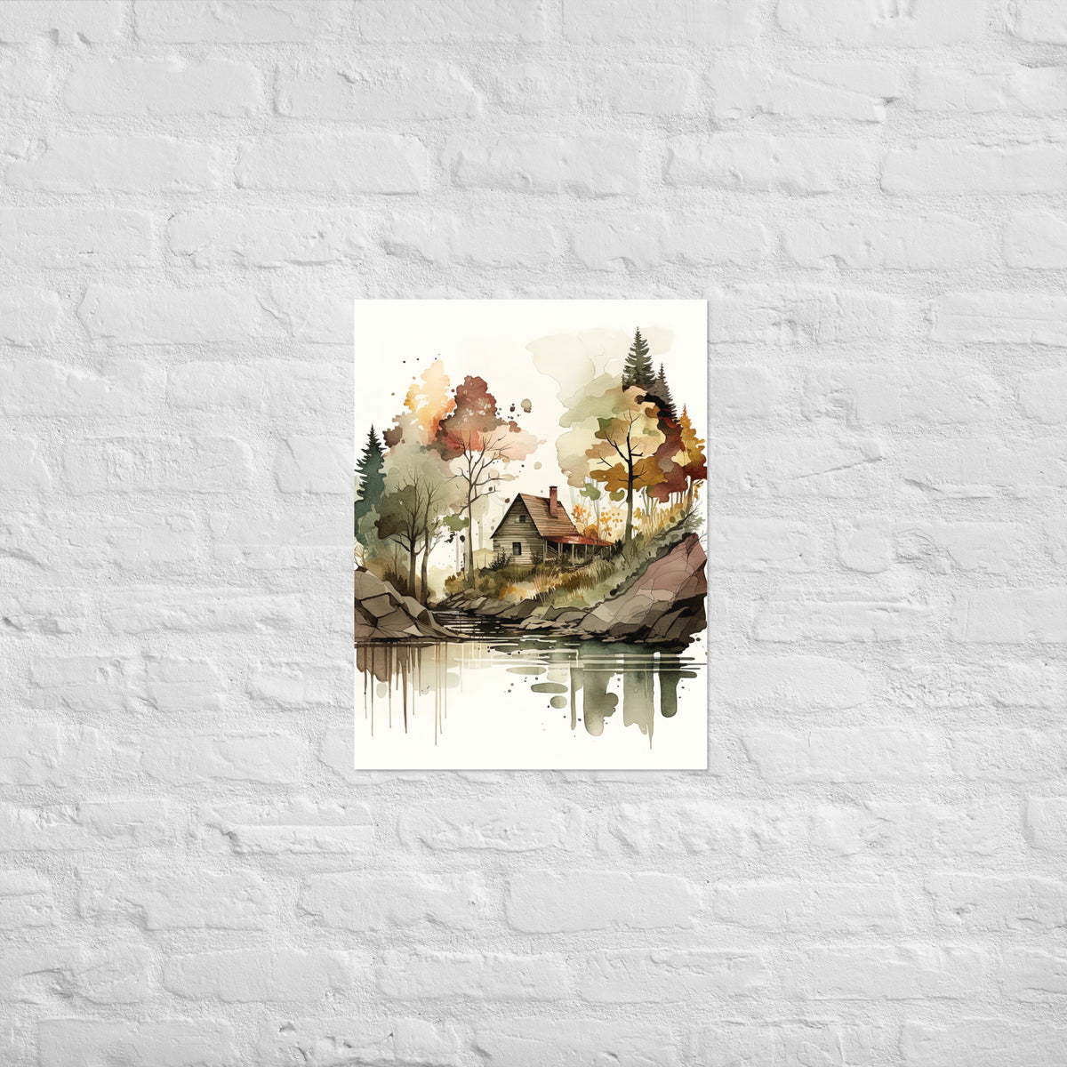Lake Cabin Watercolor Premium Print