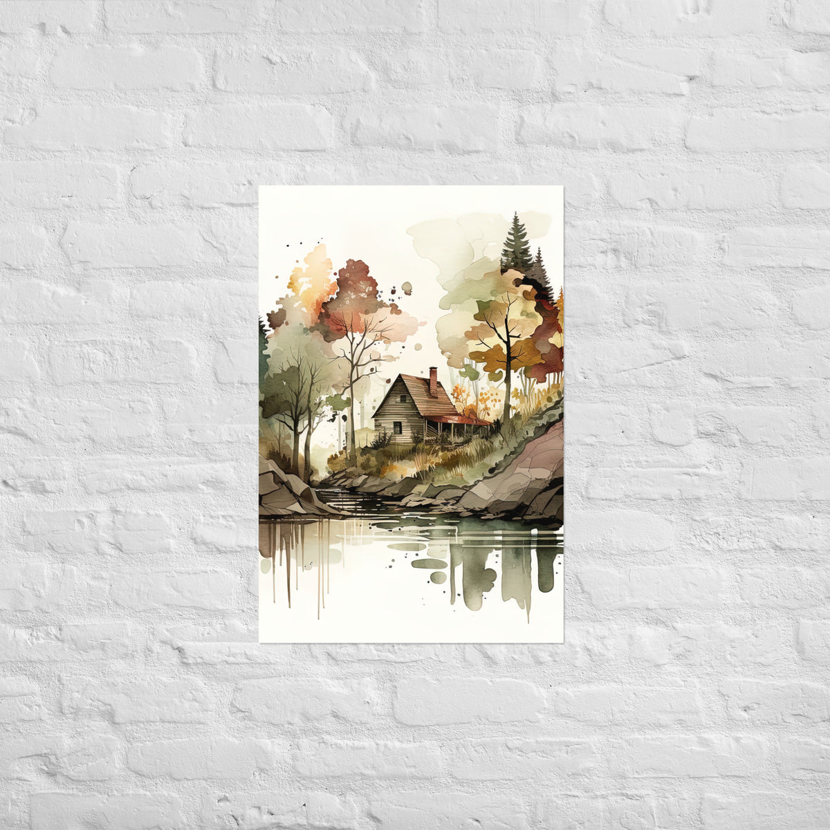 Lake Cabin Watercolor Premium Print